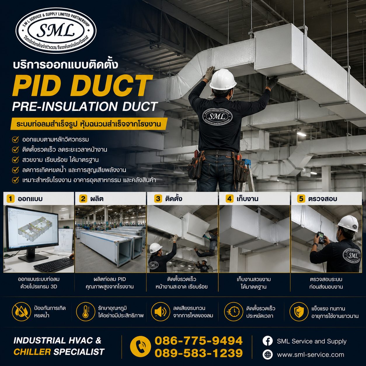 ทีมช่าง SML Service ออกแบบและติดตั้งท่อลม PID Duct สำเร็จรูปสำหรับโรงงานอุตสาหกรรม